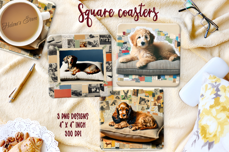 Cute collage puppy dog square coaster sublimation desigs png