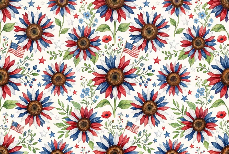patriotic sunflowers red white blue petals and stars