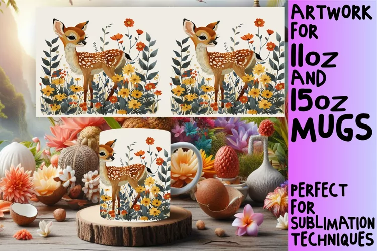 Spring Deer Mug Wrap Design Sublimation Art