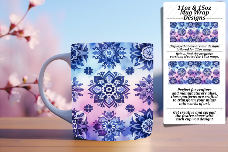 Elegant 15oz Mug Wrap Png Template , Watercolor Patter