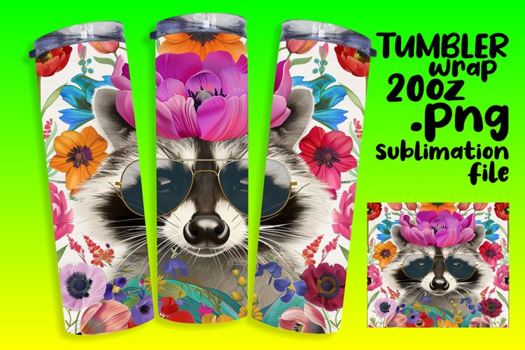 Bright Raccoon with Flower Tumbler Wrap - 20oz example image 1