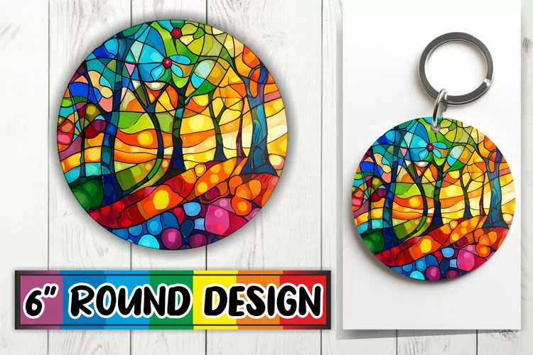 Round Design Stained Glass Tree Keychain Colorful Art