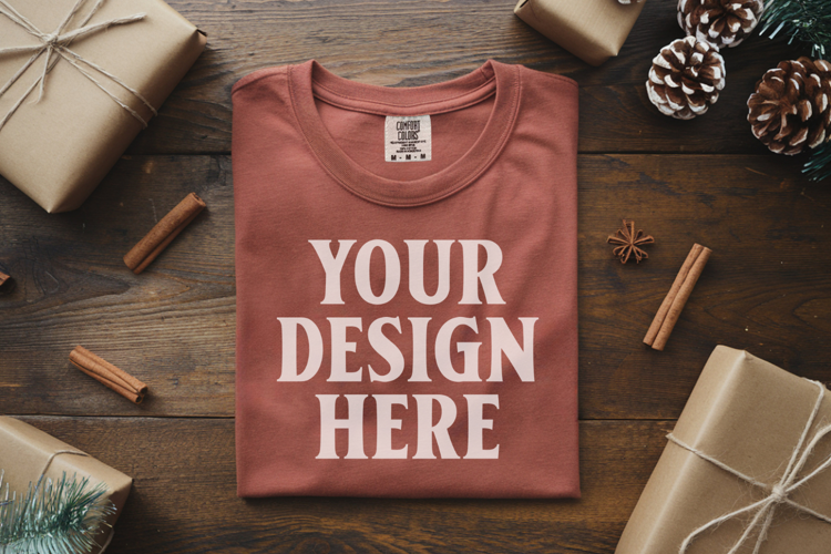 Brick Comfort Colors 1717 Christmas Folded T-Shirt Mockup