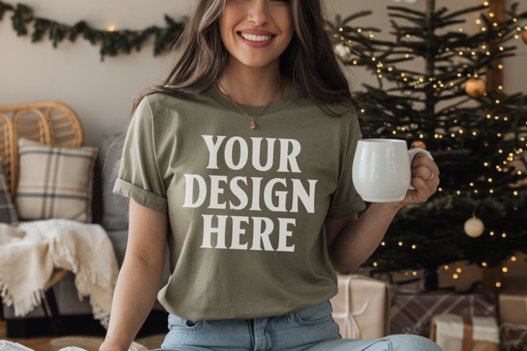 Comfort Colors 1717 Moss Christmas T-Shirt Mockup, Boho