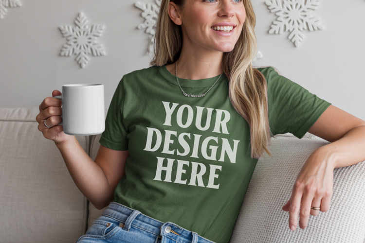 Moss Comfort Colors 1717 Christmas Shirt Mockup, Cozy