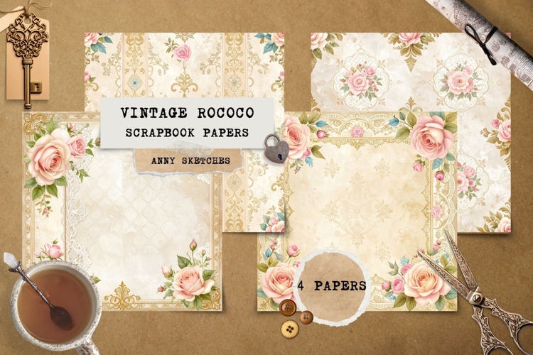 4 Vintage Rococo Rose Scrapbook Papers Junk Journal Bundle