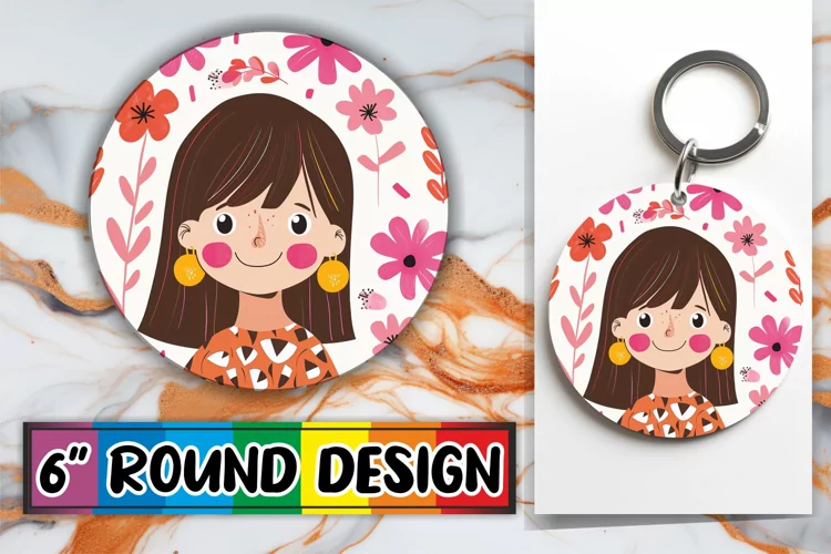 Feminine Portrait and Flowers Round Design PNG