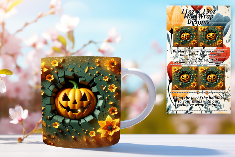 Stylish 11oz Mug Wrap Png Design , 3D Pumpkin