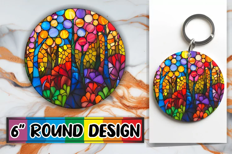 Stained Glass Tree Keychain Round Design Colorful