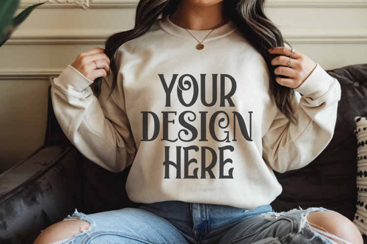 Sand Gildan 18000 Mockup, Sweatshirt Crewneck Mockups
