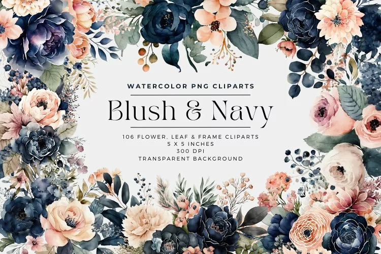 106 Blush and Navy Watercolor Clipart Flowers