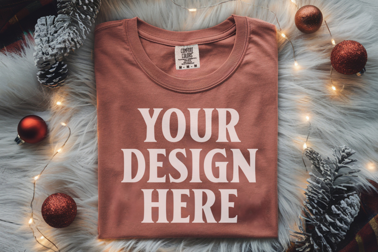 Brick Comfort Colors 1717 Christmas Folded T-Shirt Mockup