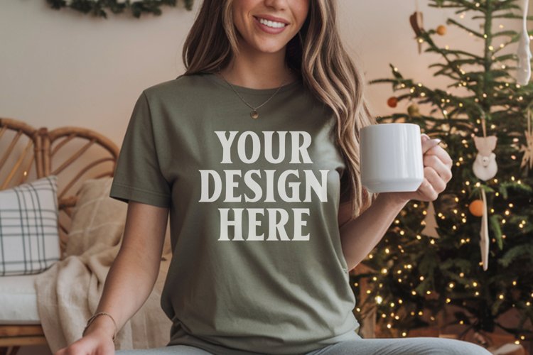 Comfort Colors 1717 Moss Christmas T-Shirt Mockup, Boho