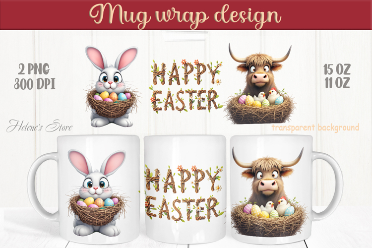 Easter highland cows mug wrap sublimation|Funny Bunny design