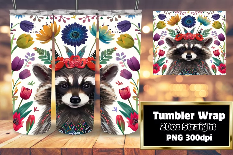 Tumbler Wrap: Joyful Raccoon & Floral Accents