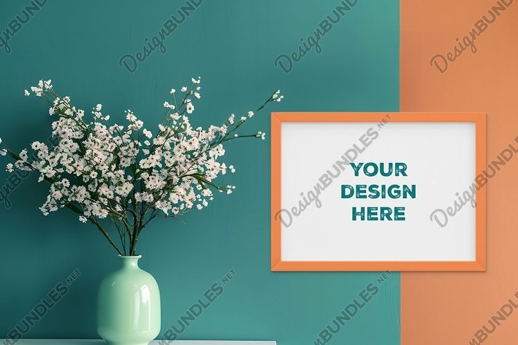 Frame mockup on grunge industrial wall with vase and flowers example image 1