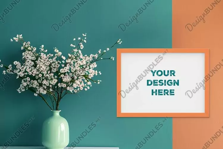 Frame mockup on grunge industrial wall with vase and flowers