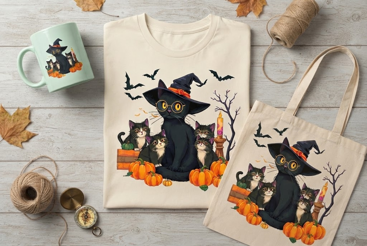 Halloween Black Cat Mom PNG | Witch Cat & Kittens Clipart