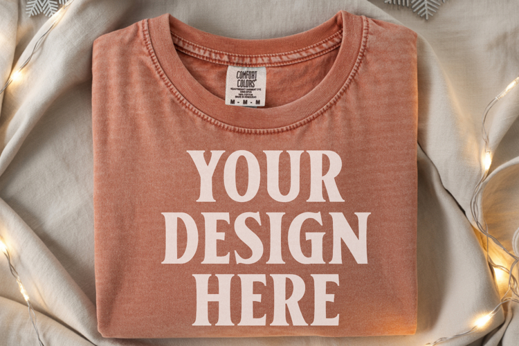 Brick Comfort Colors 1717 Christmas Folded T-Shirt Mockup