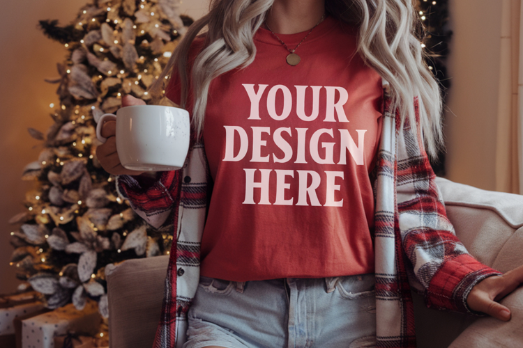 Comfort Colors 1717 Red Christmas T-Shirt Mockup, Boho
