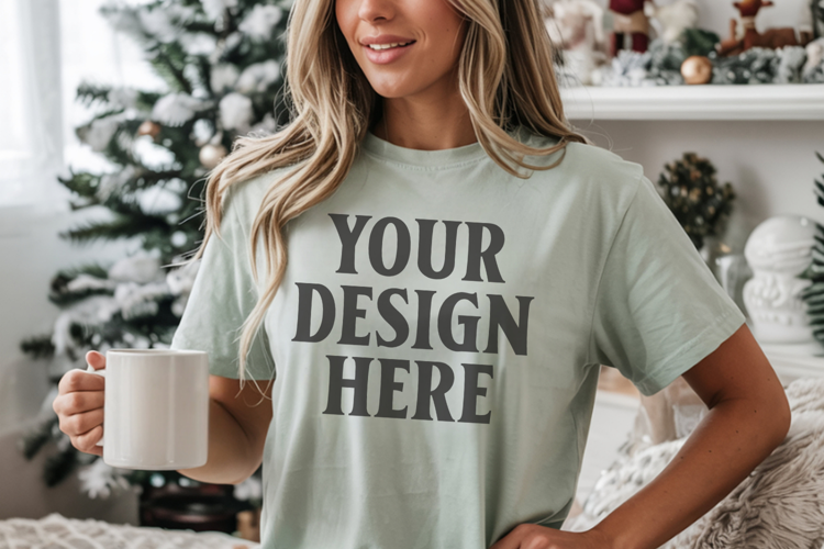 Christmas Comfort Colors 1717 Bay T-Shirt Mockup Real Model