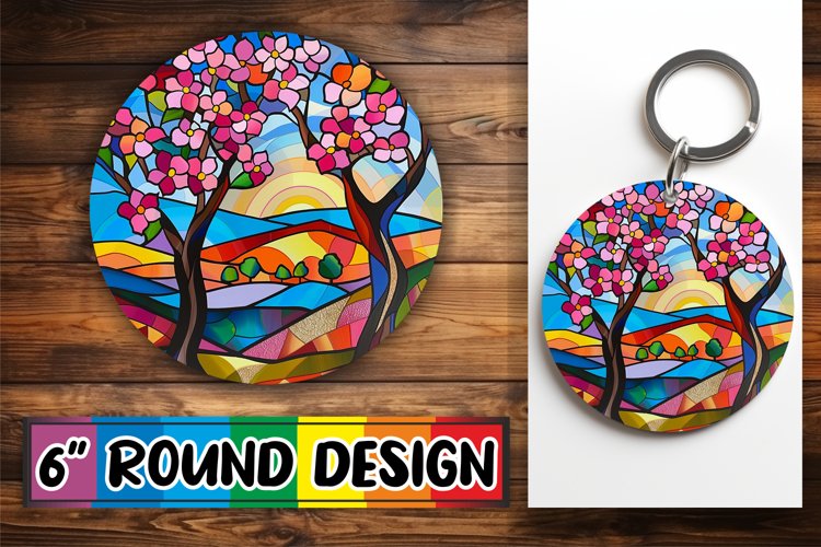 Colorful Keychain Stained Glass Tree Round Design Sublimatio example image 1