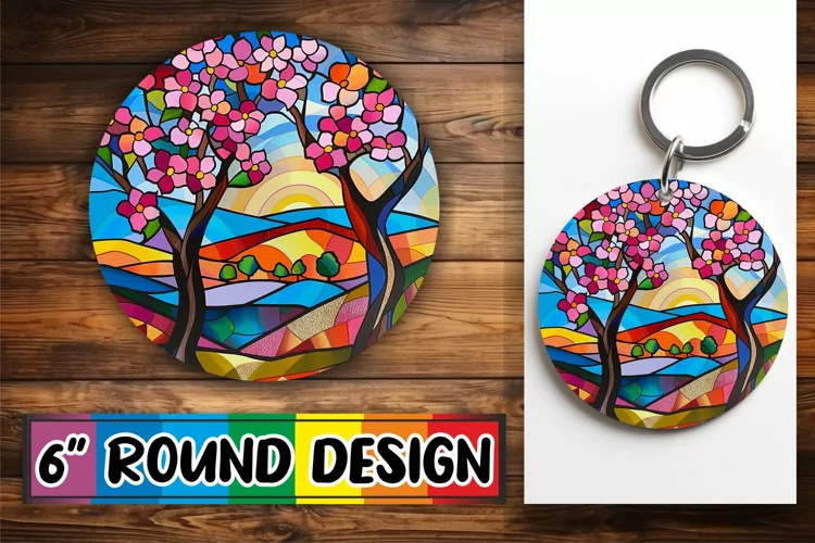 Colorful Keychain Stained Glass Tree Round Design Sublimatio
