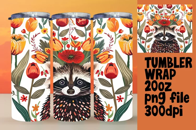 Raccoon with Flowers Tumbler Wrap Sublimation 20oz