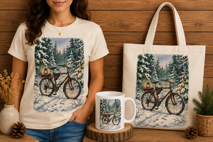 Vintage Bicycle Winter Forest Christmas Lights Watercolor Ar