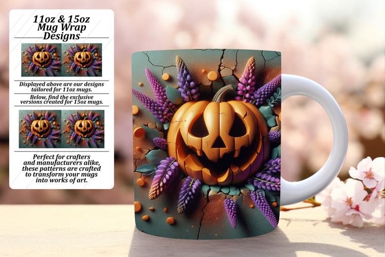 Creative 11oz Mug Wrap Png Template , 3D Pumpkin