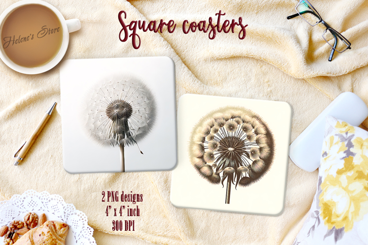 Fluffy dandelion flower square coaster sublimation design
