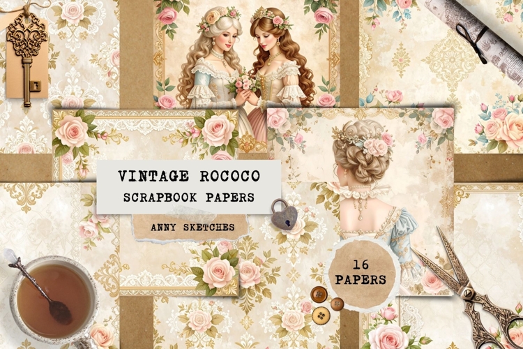 16 Vintage Rococo Rose Scrapbook Papers Junk Journal Bundle