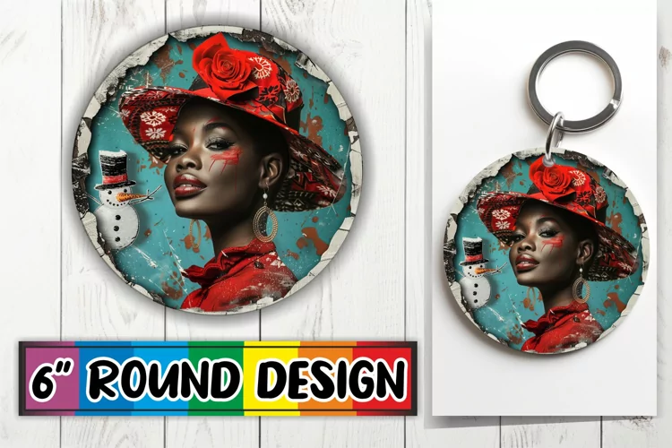 Holiday Woman Portrait Design Keychain Round
