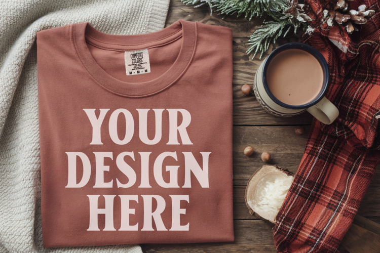 Brick Comfort Colors 1717 Christmas Folded T-Shirt Mockup