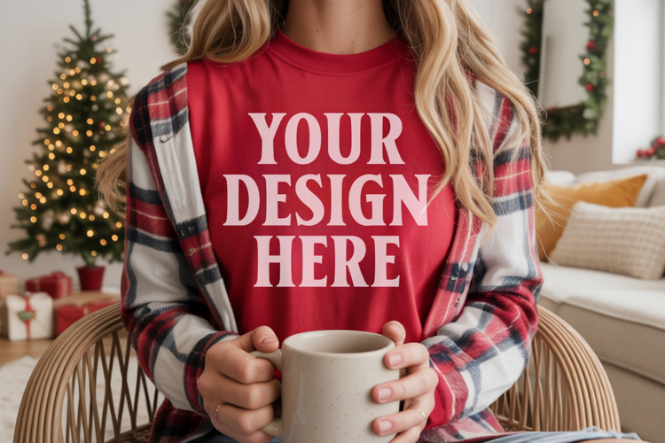 Comfort Colors 1717 Red Christmas T-Shirt Mockup, Boho