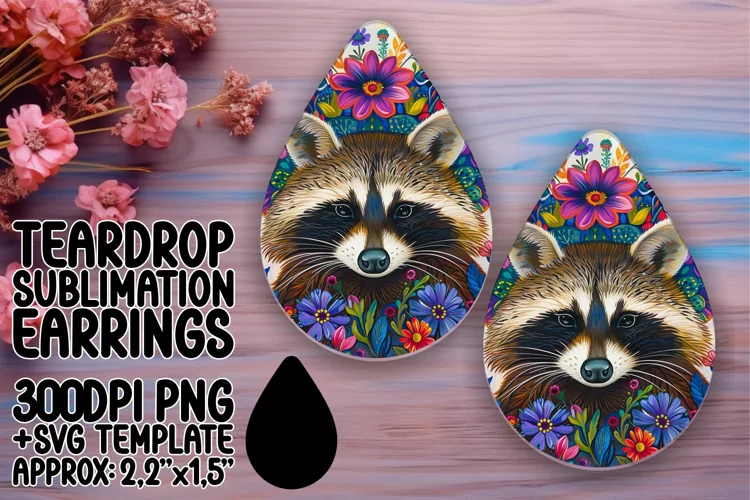 Raccoon with Flowers Teardrop Earrings Sublimation