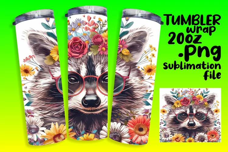 Colorful Raccoon & Bloom Tumbler Wrap Sublimation