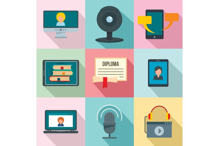 Webinar training online icons set, flat style