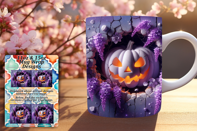 Elegant 15oz Mug Wrap Png Design , 3D Pumpkin