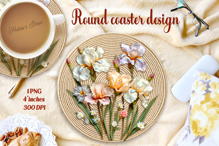 Delicate vintage floral round coaster sublimation design png