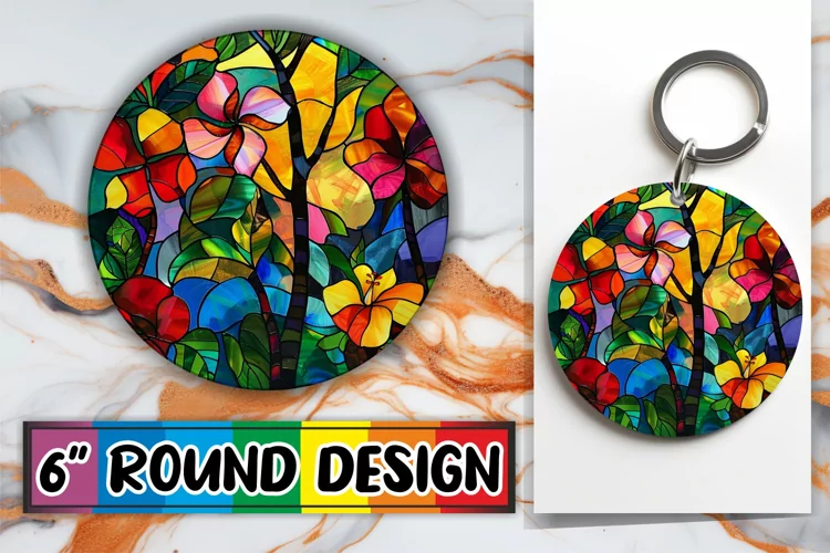 Vibrant Colorful Tree Keychain Stained Glass Round Design
