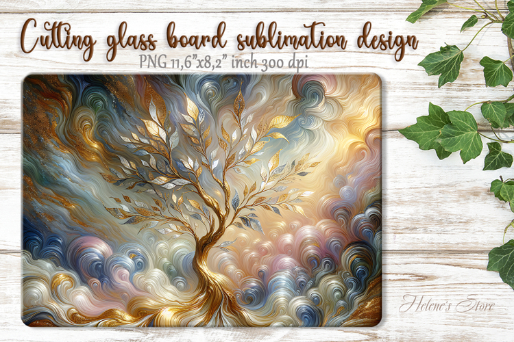 Pastel Iridescent Gold Tree glass kitchen cutting board PNG