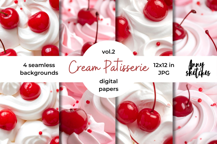 Cream and Cherry Digital Paper Kit Rococo Patterns