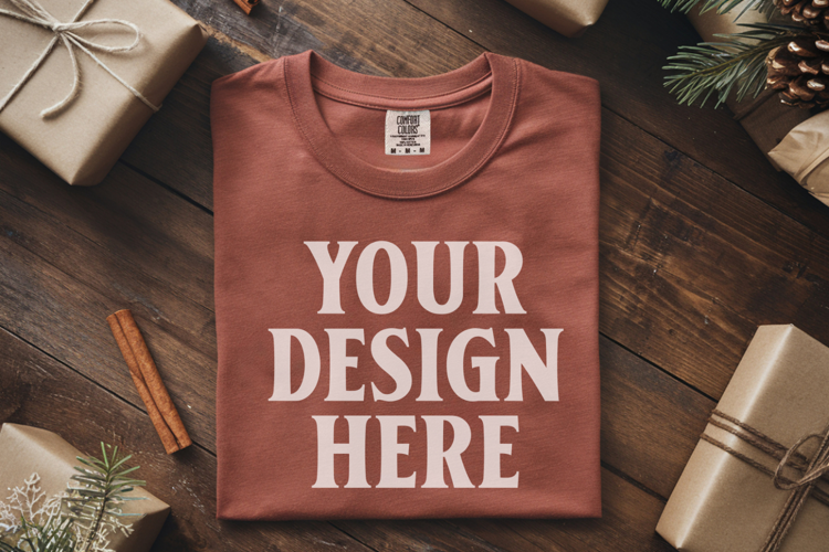 Brick Comfort Colors 1717 Christmas Folded T-Shirt Mockup