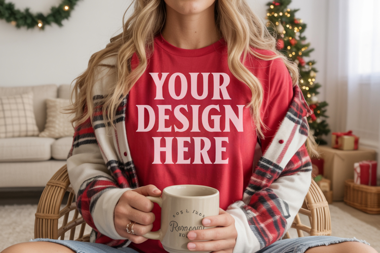 Comfort Colors 1717 Red Christmas T-Shirt Mockup, Boho
