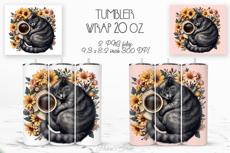 Cute cat and coffee cup straight tumbler 20oz wrap designs