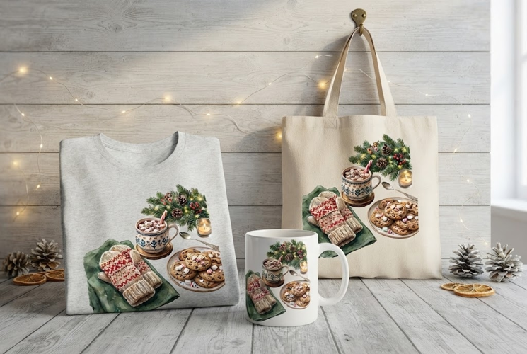 Cozy Christmas Hot Cocoa and Cookies Holiday Art PNG