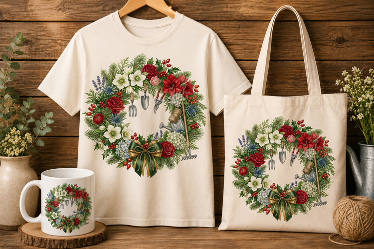 Gardener Christmas Wreath Holiday Botanical Art Print