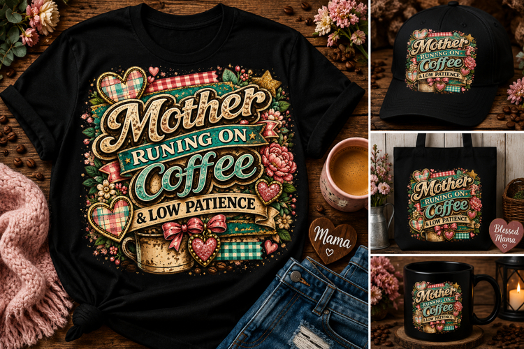 Mother Running on Coffee & Low Patience PNG | Funny Mom Coff