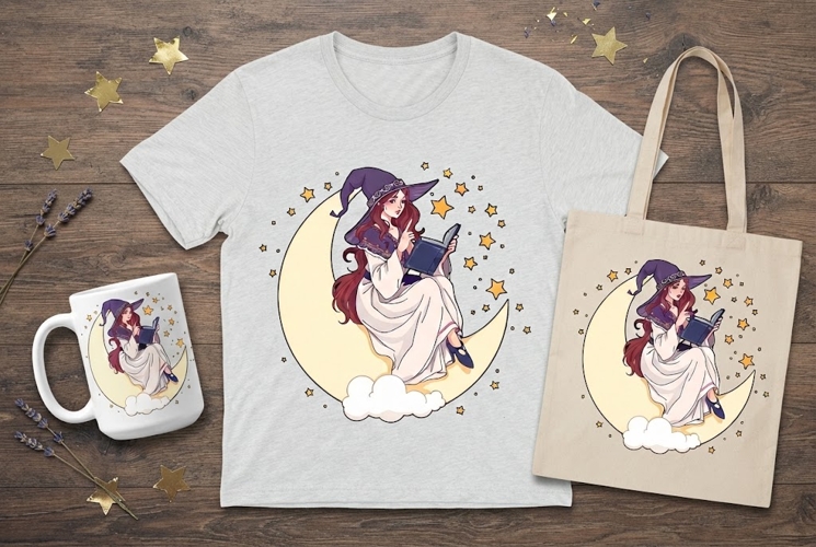 Witch Moon PNG | Magical Girl Reading Book Celestial Clipart